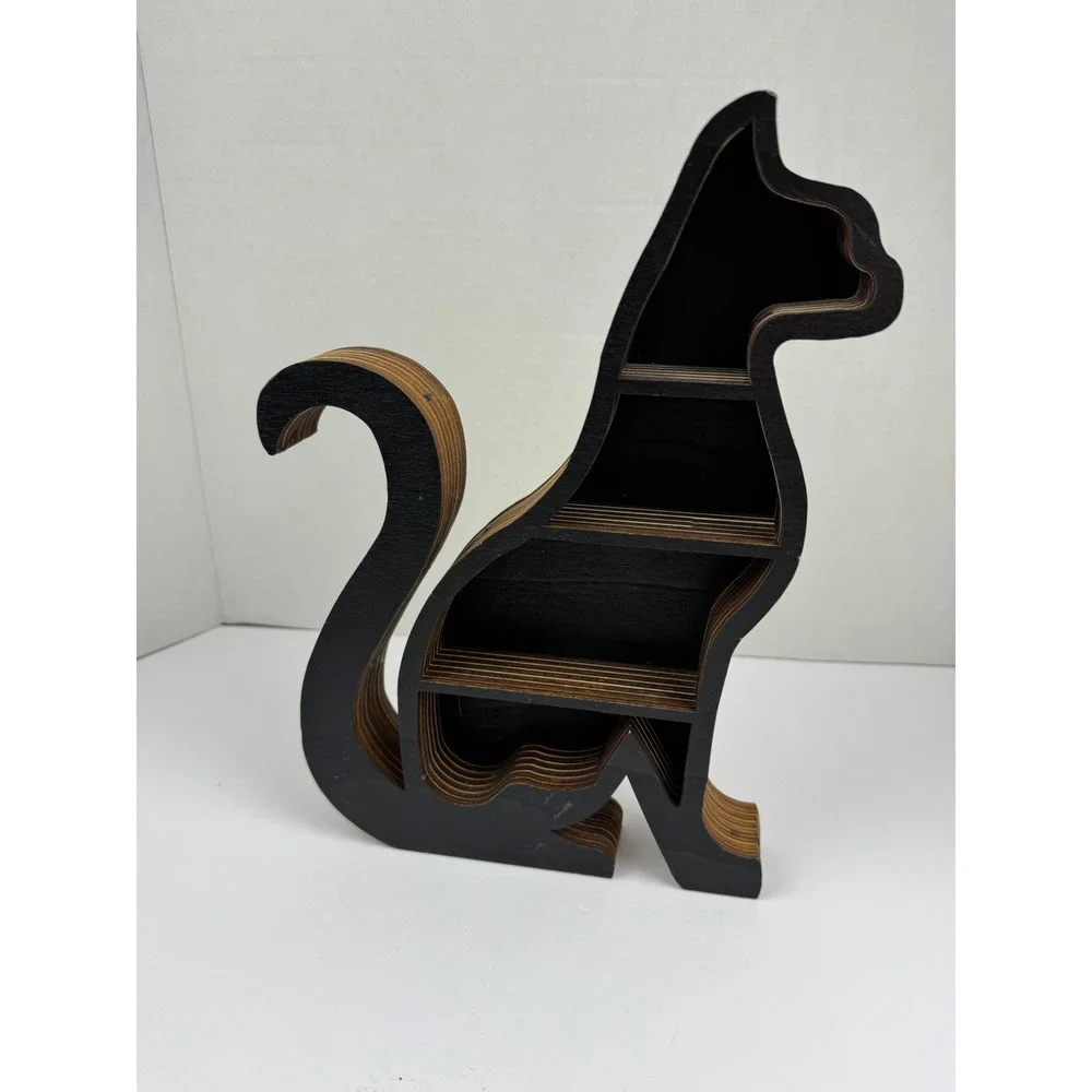 Wooden Cat Shadow Box Shelf Black Plywood Feline Crystal Display Wall Decor 10in